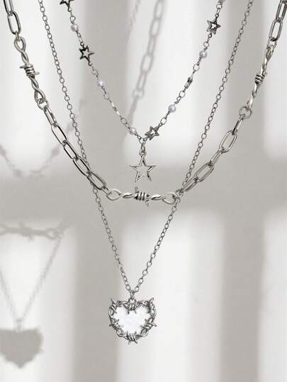 2 piezas de collares con colgante de corazón, estrella y espinas de estilo retro punk oscuro de varias capas con cuentas de arroz de colores múltiples, regalo del Día de San Valentín para amigas, mamá, madre, Día de la Madre