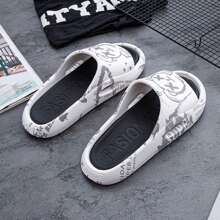 Pantuflas con estampado de flores de oso, pantuflas de fondo grueso con puntera abierta, de moda y cómodas con bonitos elementos de oso para mujer,Zapatillas de casa de moda para parejas, sandalias de playa antideslizantes casuales, zapatillas de playa para parejas, aptas para uso en interiores y exteriores - Negro - Ver 7