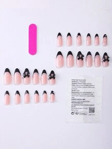 96 piezas/4 sets de pegatinas de uñas acrílicas con forma de almendra, diseño de fresa francesa en blanco y negro y diseño de lazo con perlas, diseño de lazo y cristales en blanco y rosa, incluye 4 piezas de gel de gelatina y 4 piezas de limas de uñas, adecuado para decoración de uñas de mujeres y niñas - Multicolor - Ver 3