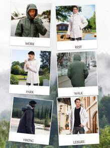 男士有帽雨衣，輕量長款防水戶外夾克，帶拉鍊 - 軍綠色 - 查看 6