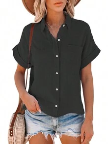 Blusa para Mujer con Manga Corta Casual de Verano, Camise Elegantes para Dama, Playeras para Mujer Básica Algodón - Negro - Ver 3