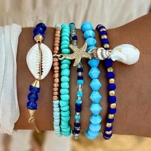 5入組海灘風格貝殼、海星、彩色珠子和寶石女士堆疊手鐲，適用於夏日 - 6件-繩 - 查看 4