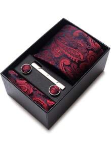 AlanKing 1 Set de Corbata, Pañuelo y Gemelos en Caja de Regalo, Corbata Rojo Vino con Estampado Paisley de 7.5cm para Hombres, Adecuado para Festivales, Bodas y Trabajo