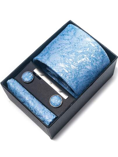 AlanKing 1set Tie, Pocket Square And Cufflink Set In A Gift Box For Men, Sky Blue With Floral Pattern And 7.5 Cm Width, Great For Weddings, Special Occasions And Work