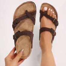 Women's Flat Cork Sandals, Summer Sandals Toe Loop Cross Strap, Retro Style & Casual Sandals With Adjustable Strap Buckle - 深棕色 - 查看 1