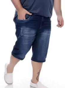 Bermuda Jeans Masculina Plus Size Lisa Com Lycra Tradicional Casual - Lavagem escura - Visão 2