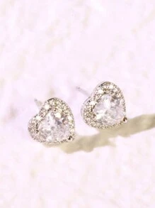 1 par de elegantes pendientes de botón con corazón de circonita cúbica microincrustada en blanco, adecuados para mujeres, se pueden usar para bodas, compromisos, aniversarios, fiestas, y una opción ideal para joyas de verano, joyas para mujeres, regalos para hermanas, regalos para mujeres, accesorios y vestidos de gala - diamante de plata - Ver 3
