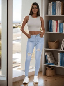 Jeans para Mujer de Mezclilla: Tiro Alto, Ajustados, Color Azul, Realce de Curvas. Diseño de desgarre en la parte delantera. Fabricados con materiales de alta calidad. Hello Meet. - Lavado ligero - Ver 4