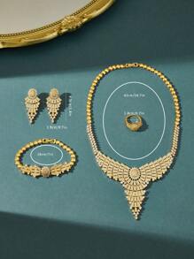 沙特迪拜网红奢华满钻几何形状钻石微镶4件套项链耳环戒指手链均码满钻派对礼服婚礼配饰礼物 - 四件套 - 查看 2