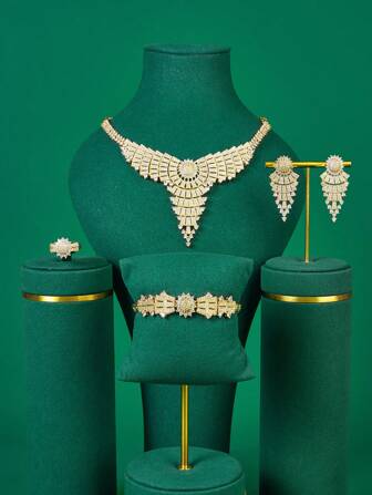 沙特迪拜网红奢华满钻几何形状钻石微镶4件套项链耳环戒指手链均码满钻派对礼服婚礼配饰礼物