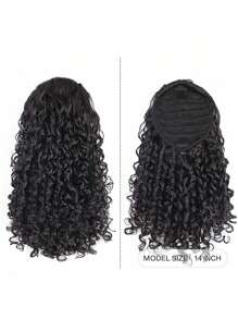 女士黑色卷曲馬尾插片辮繩，14吋人造馬尾辮留繩，附有2個夾子 (烏黑色) - 黑色 - 查看 3