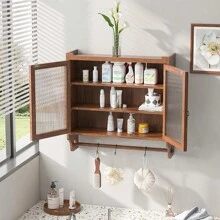 24.8"Glass Door Vintage Double Door Wall Cabinet With Three Tiers Of Storage With Towel Rack, For Bathroom, Kitchen,Dining Room,Brown