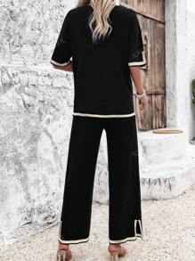 Conjunto de verano de dos piezas para mujer con top de manga corta y pantalón casual de pata ancha, 2 piezas/set de pantalón de chándal de manga larga de color sólido y camiseta y pantalón de manga larga, conjunto de camiseta y pantalón de manga larga con dobladillo acanalado para mujer, adecuado para todas las ocasiones.