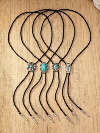 1 Pc Western Cowgirl Style Blue Turquoise Stone Decor Leather Strap Bolo Necklace