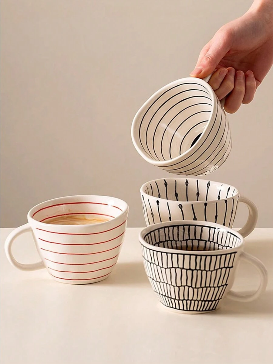 CMYD Studio 1pc 350ML Hand-Painted Ceramic Mug, Short And Fat Irregularly Dotted Coffee Cup, Suitable For Breakfast, Milk, Latte, Coffee, Striped Mug Cup Back To School