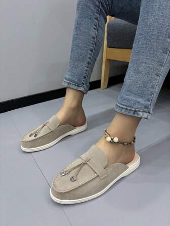 Women's Fringed Buckle Closed Toe Suede Flat Loafers, 2024 Summer Slip-On Shoes For Outdoor