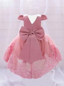 女婴缎面薄纱拖尾蓬蓬裙，后背蝴蝶结装饰，优雅大方，适合生日派对穿着，不含发带 - 藕粉色 - 查看 2