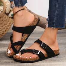 Women's Flat Cork Sandals, Summer Sandals Toe Loop Cross Strap, Retro Style & Casual Sandals With Adjustable Strap Buckle - 黑色 - 查看 1