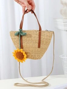 2024新款夏季艺术花草编织手提包沙滩托特包编织袋手机斜挎包 - 貝殼包 - 查看 8