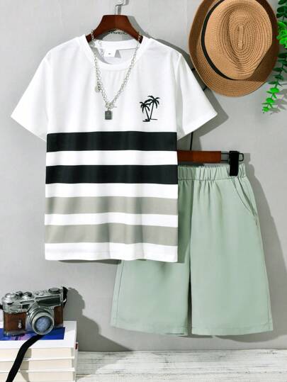 Vihyde Conjunto de 2 piezas casual de vacaciones para niños mayores, con camiseta de manga corta de cuello redondo y pantalones cortos con estampado de rayas degradadas de palmera