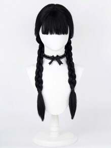 Peluca de trenzas largas y rectas de 26 pulgadas en color negro, hecha de fibra sintética resistente al calor, para niñas y mujeres, disfraz de Wednesday Addams para fiesta de Halloween