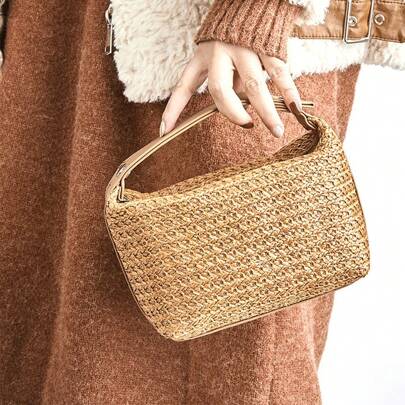 Bolsa de cosméticos de paja tejida, bolsa de almacenamiento de cosméticos de estilo bohemio, bolsa de almacenamiento de maquillaje portátil con cremallera, artículos esenciales de verano, vibras bohemias, para vacaciones en la playa, colección de baño, colección de dormitorio, gran capacidad