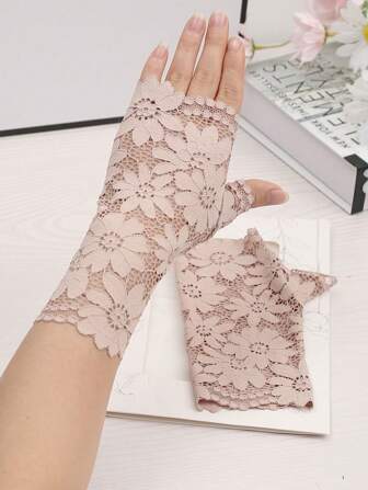 Zhenyanyouyun 1 Pair Women Lace Half Finger Gloves, Short Fingerless Sun Protection Gloves For Driving, Summer Lightweight Style