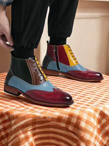 High-Top Men's Boots, European & American Style Side Zipper, Color Blocking Wooden Heel, Lace-Up, Leather, Party, Wedding, Business Formal Wear - Brown - View 6