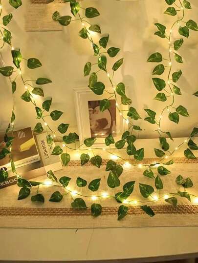 1pc 2M/5M/10M Green Artificial Ivy Leaf Vine With Copper Wire Led String Light, Battery Operated, For Room, Bedroom, Yard Decoration, Festive Atmosphere In Spring