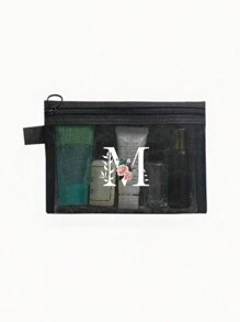 1个黑色网眼袋，白色花卉A-Z透明网眼化妆品收纳袋，多功能旅行便携包，护肤品和化妆品收纳袋，学生文具袋，网眼拉链袋，旅行化妆品收纳袋，简约高端，珠宝首饰收纳，适用于住宿、旅行、商务、游泳、家居收纳 - 黑色 - 查看 25