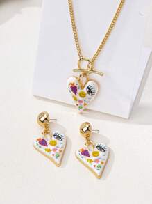 Women Heart Shape Evil Eye Chain Gold Necklace Valentines Earring Valentine Mother Day Jewelry Set