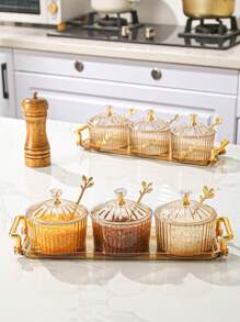 4 件/套塑料多功能储物罐，带盖子和勺子的密封容器，适用于谷物、糖果、饼干、面包，适用于户外、婚礼、派对、礼物、生日、圣诞礼物 - 香檳色 - 查看 4