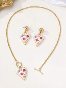 Women Heart Shape Evil Eye Chain Gold Necklace Valentines Earring Valentine Mother Day Jewelry Set