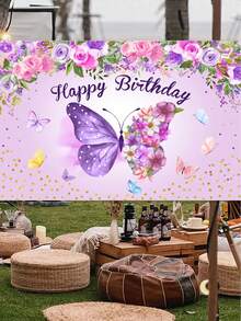 1 pieza Tela de fondo de estudio con mariposa de dibujos animados, puntos dorados, flores para fiesta de cumpleaños de bebé - Multicolor - Ver 7