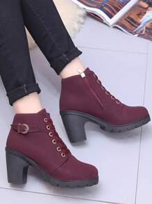 elegantes botas de moda De Mujeres De Moda Zapatos De Tacón Con Cordón Botines,Zapatos individuales de boca profunda para mujer, tacón medio grueso, zapatos blanco con punta puntiaguda,Womens Chunky Heel Ankle Boots,Botas de vestir de tacón alto de moda,Las mujeres de tacón alto botas individuales otoño cremallera lateral hebilla, Botas de combate minimalistas para mujer, nuevas botas para mujer de primavera, otoño e invierno, botas de color sólido, cordones laterales y cremallera, diseño de tacón grueso y punta redonda, estilo minimalista - Rojo - Ver 2