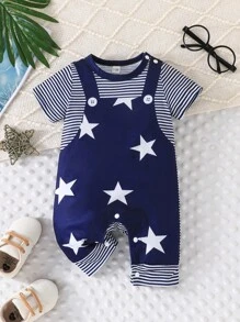 Baby Boy Casual Short Sleeve Round Neck 2 In 1 Romper With Suspender Print Design, Summer - Blue - View 1