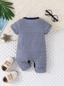Baby Boy Casual Short Sleeve Round Neck 2 In 1 Romper With Suspender Print Design, Summer - Blue - View 2