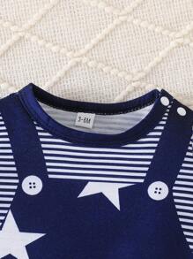 Baby Boy Casual Short Sleeve Round Neck 2 In 1 Romper With Suspender Print Design, Summer - Blue - View 3