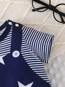 Baby Boy Casual Short Sleeve Round Neck 2 In 1 Romper With Suspender Print Design, Summer - Blue - View 4