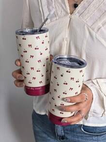 1 件 20 盎司/600 毫升红樱桃蝴蝶结保温瓶带盖、旅行杯、水杯、真空瓶、露营咖啡杯、保温瓶、节日和生日礼物（不含吸管）水瓶返校 - 彩色 - 查看 7