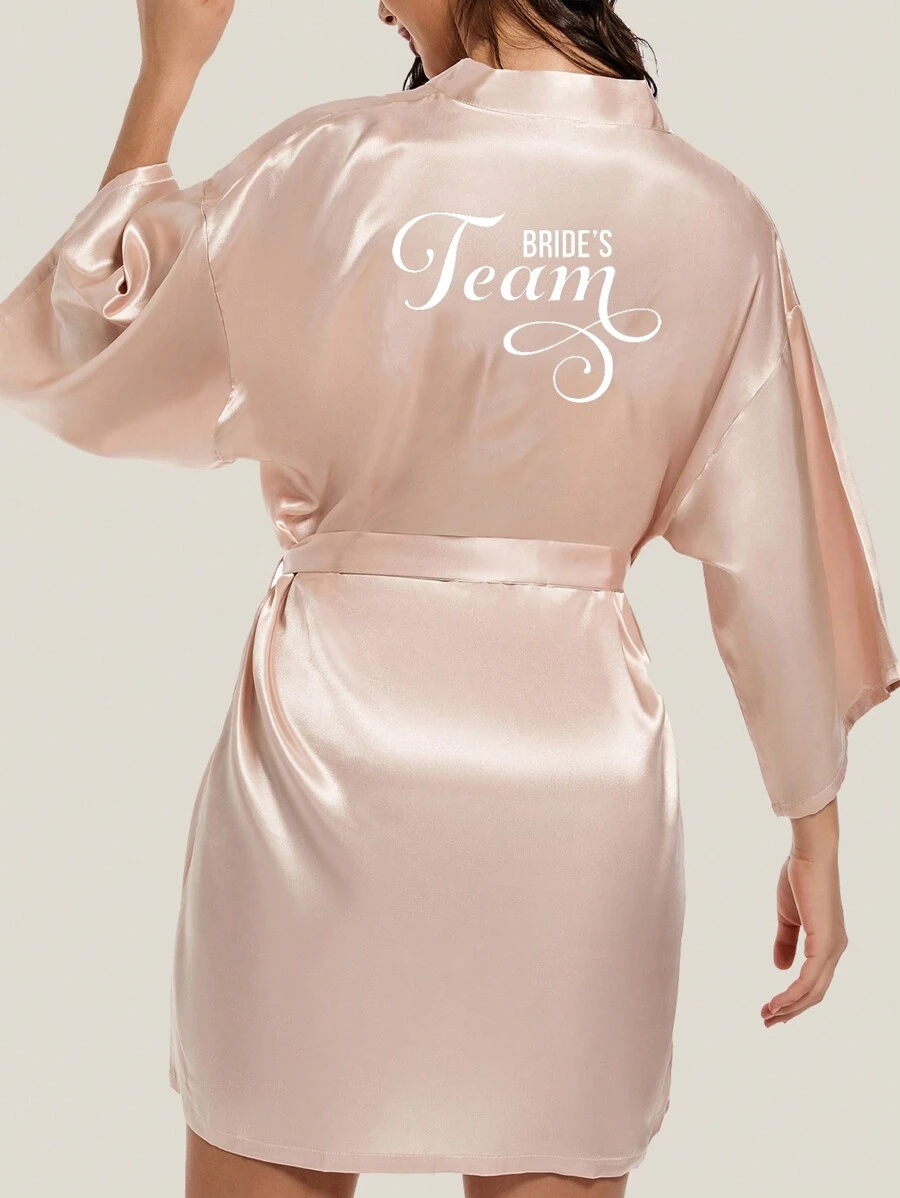 1 pieza Bata corta de seda sintética elegante con estampado de "BRIDE'S" para el equipo de damas de honor, otoño e invierno - Champán - Ver 1