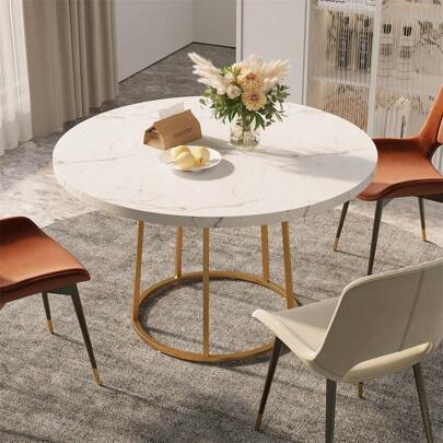 ONBRILL Round Dining Table: 47.24-Inch Kitchen Table For Four, Wooden Faux Marble Dinner Table With Gold Base For Home, Restaurant, And Dining Room