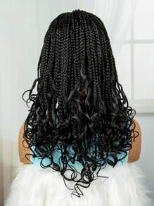 Lace Front Square Knotless Box Braided Wigs With Curly Ends For Women Black Synthetic Full Double Lace Frontal Cornrow Braid Wig With Baby Hairs - Multicolor - View 8