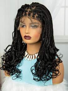 Lace Front Square Knotless Box Braided Wigs With Curly Ends For Women Black Synthetic Full Double Lace Frontal Cornrow Braid Wig With Baby Hairs - Multicolor - View 6