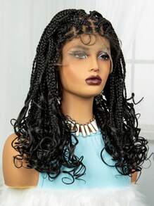 Lace Front Square Knotless Box Braided Wigs With Curly Ends For Women Black Synthetic Full Double Lace Frontal Cornrow Braid Wig With Baby Hairs - Multicolor - View 5