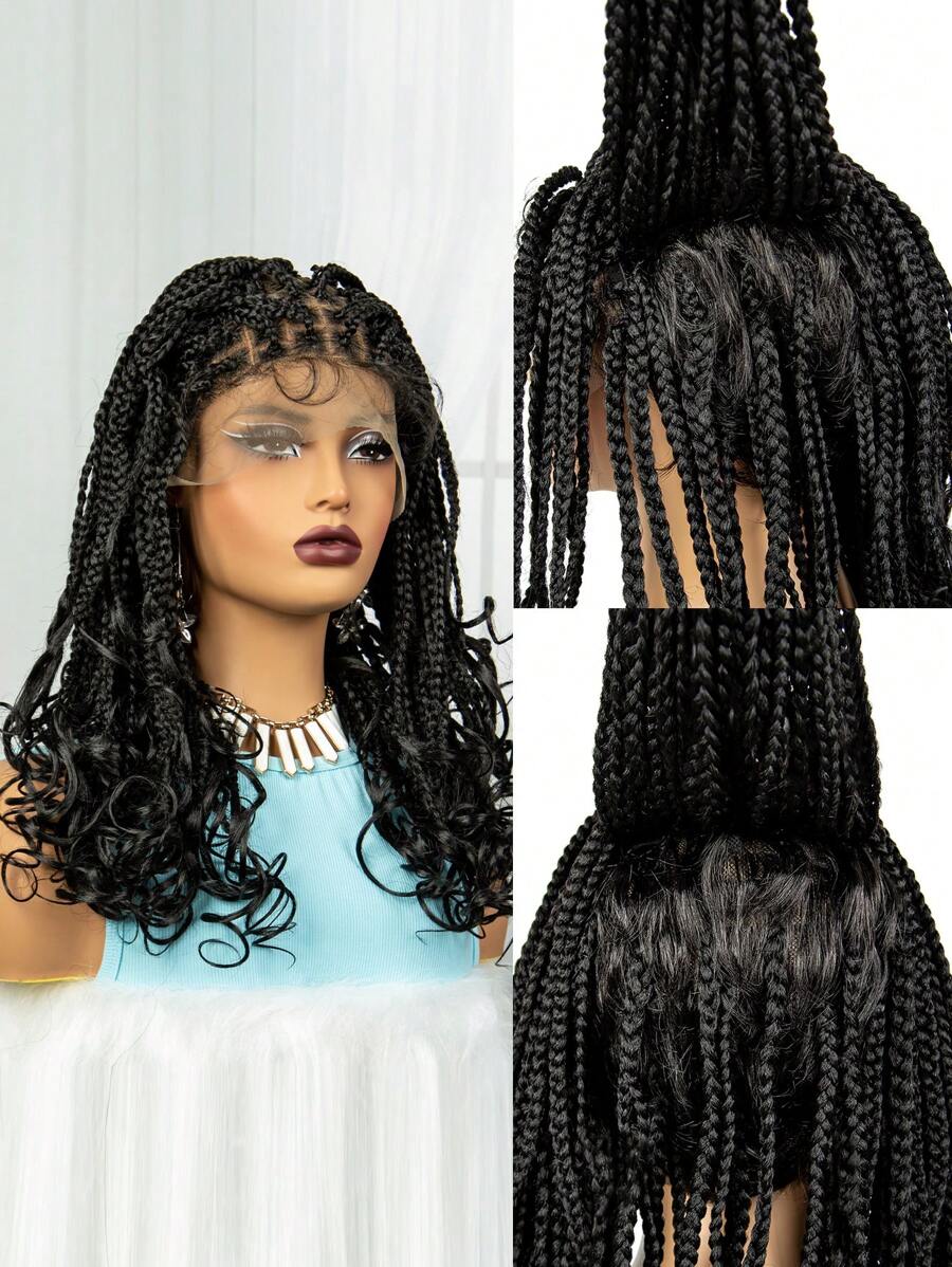 Lace Front Square Knotless Box Braided Wigs With Curly Ends For Women Black Synthetic Full Double Lace Frontal Cornrow Braid Wig With Baby Hairs