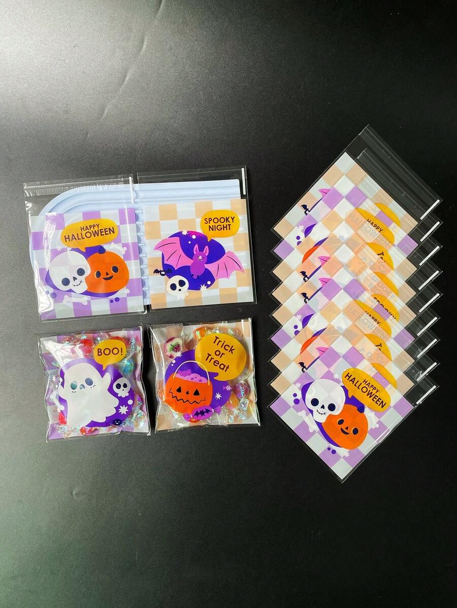 100入組可愛白色鬼怪南瓜蝙蝠紋派對禮物包裝OPP自封袋,紫色/黃色TRICK或TREAT印刷禮物裝飾袋,適用於萬聖節派對禮物包裝 - 紫色 - 查看 1