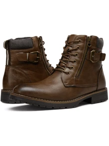 SHOESMALL男士時尚摩托車拉鍊靴戰鬥休閒男裝靴 - 棕色 - 查看 6