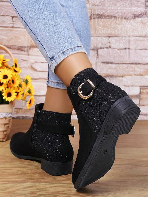 Nuevas botas de moda de tacón grueso, cremallera lateral y patchwork para otoño/invierno 2025, botas casuales decorativas para mujer