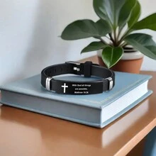 suteyi 1pc Stainless Steel Bible Bracelet With Adjustable Black Strap, Ideal Gift For Men